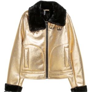 Divided H&M Jacket Gold Crackled Faux Fur Trim Matrix Moto Coat Sz 2